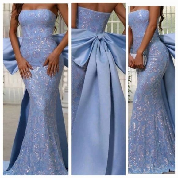 Baby Blue Strapless,  Big Bow, Mermaid Maxi Gown for Special Events - Picture 2 of 12